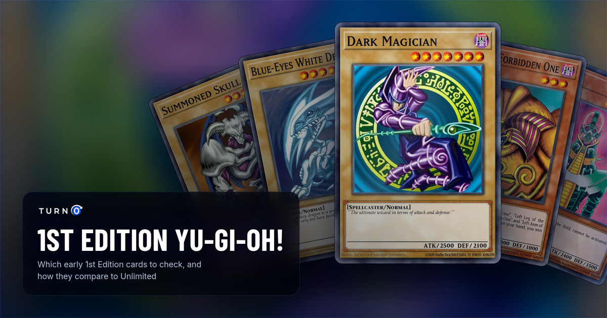 Five early 1st Edition Yu-Gi-Oh! chase cards fanned out: Summoned Skull, Blue-Eyes White Dragon, Dark Magician in front, Exodia the Forbidden One and Jinzo.