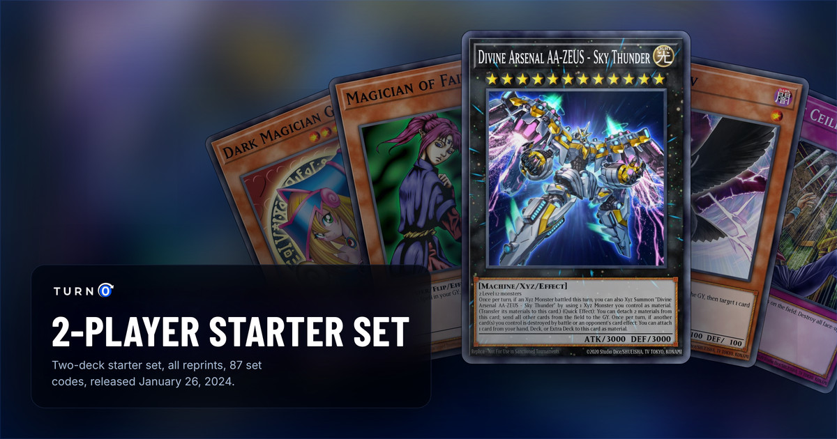 Five of the most valuable 2-Player Starter Set cards fanned out: Dark Magician Girl, Magician of Faith, Divine Arsenal AA-ZEUS - Sky Thunder in front, D.D. Crow and Needle Ceiling.