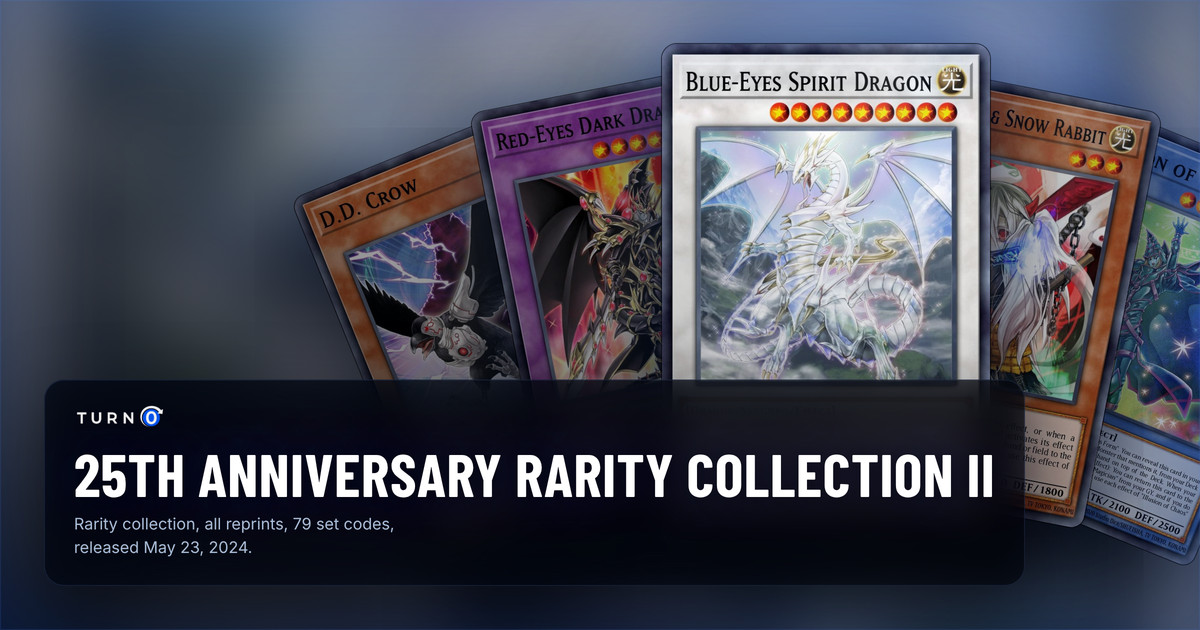 Five of the most valuable 25th Anniversary Rarity Collection II cards fanned out: D.D. Crow, Red-Eyes Dark Dragoon, Blue-Eyes Spirit Dragon in front, Ghost Ogre & Snow Rabbit and Illusion of Chaos.