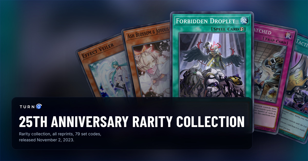 Five of the most valuable 25th Anniversary Rarity Collection cards fanned out: Effect Veiler, Ash Blossom & Joyous Spring, Forbidden Droplet in front, Evenly Matched and Triple Tactics Talent.