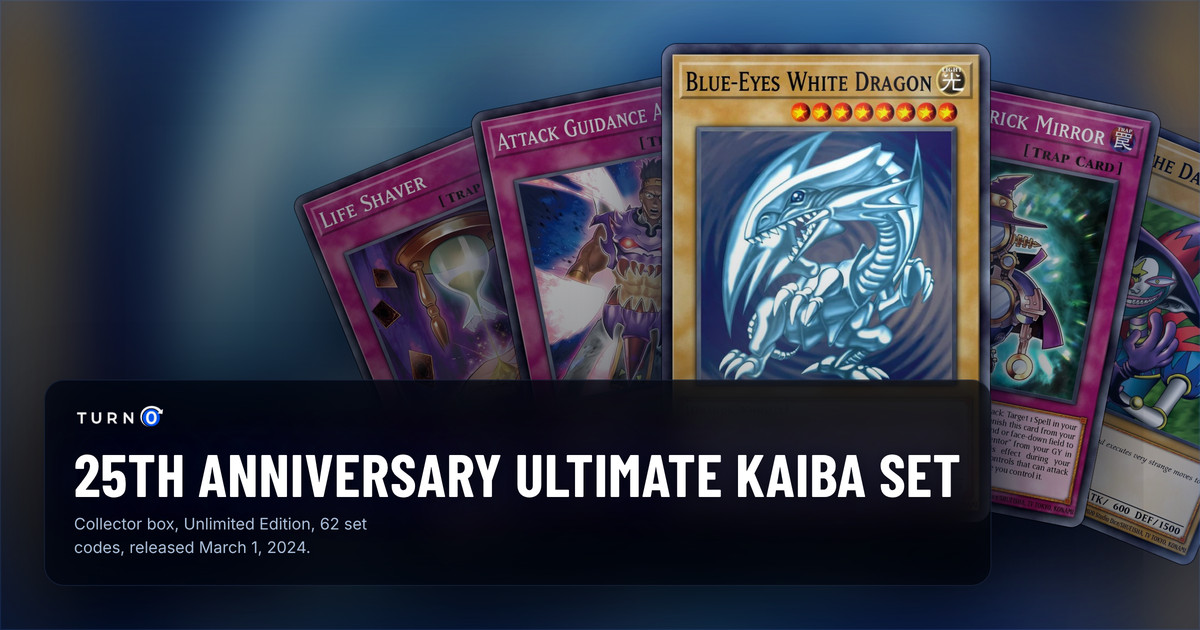 Five of the most valuable 25th Anniversary Ultimate Kaiba Set cards fanned out: Life Shaver, Attack Guidance Armor, Blue-Eyes White Dragon in front, Magical Trick Mirror and Saggi the Dark Clown.