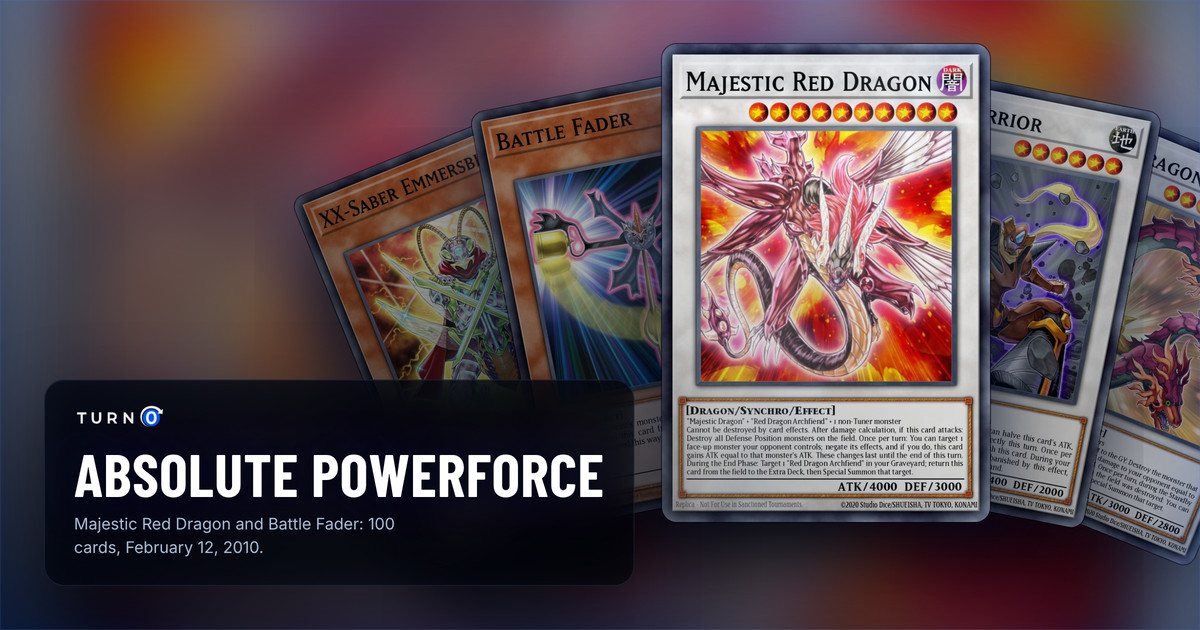 Five of the most valuable Absolute Powerforce cards fanned out: XX-Saber Emmersblade, Battle Fader, Majestic Red Dragon in front, Drill Warrior and Sun Dragon Inti.