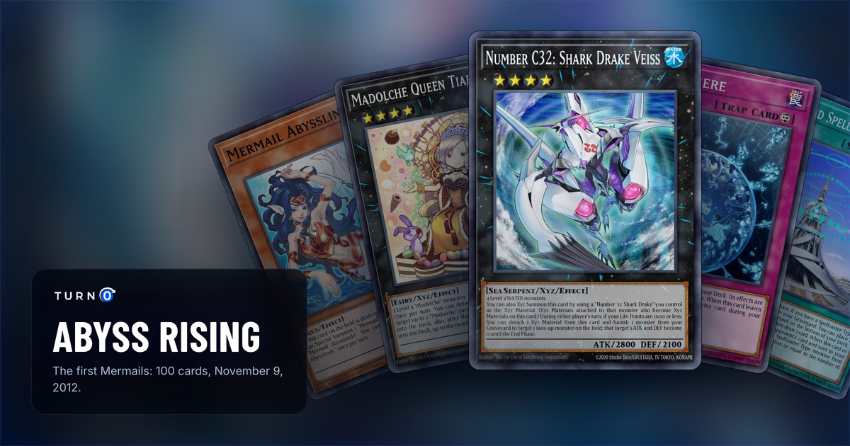 Five of the most valuable Abyss Rising cards fanned out: Mermail Abysslinde, Madolche Queen Tiaramisu, Number C32: Shark Drake Veiss in front, Abyss-sphere and The Grand Spellbook Tower.
