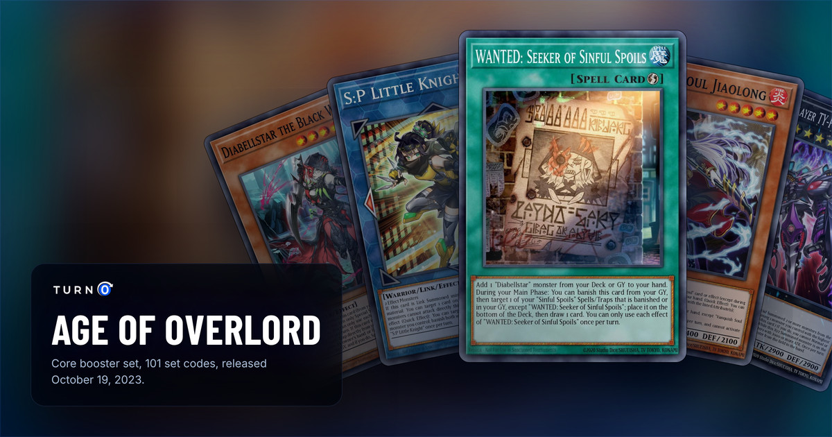 Five of the most valuable Age of Overlord cards fanned out: Diabellstar the Black Witch, S:P Little Knight, WANTED: Seeker of Sinful Spoils in front, Vanquish Soul Jiaolong and Super Starslayer TY-PHON - Sky Crisis.