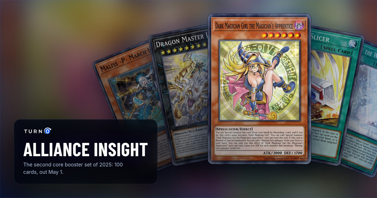 Five of the most valuable Alliance Insight cards fanned out: Maliss <P> March Hare, Dragon Master Lords, Dark Magician Girl the Magician's Apprentice in front, Gordian Slicer and Witch of the White Forest.