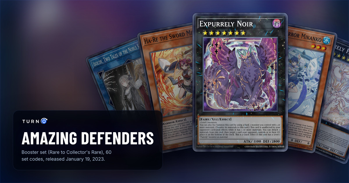 Five of the most valuable Amazing Defenders cards fanned out: Isolde, Two Tales of the Noble Knights, Ha-Re the Sword Mikanko, Expurrely Noir in front, Ni-Ni the Mirror Mikanko and Expurrely Happiness.