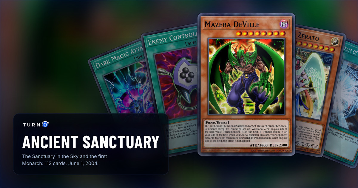 Five of the most valuable Ancient Sanctuary cards fanned out: Dark Magic Attack, Enemy Controller, Mazera DeVille in front, Archlord Zerato and Burst Stream of Destruction.