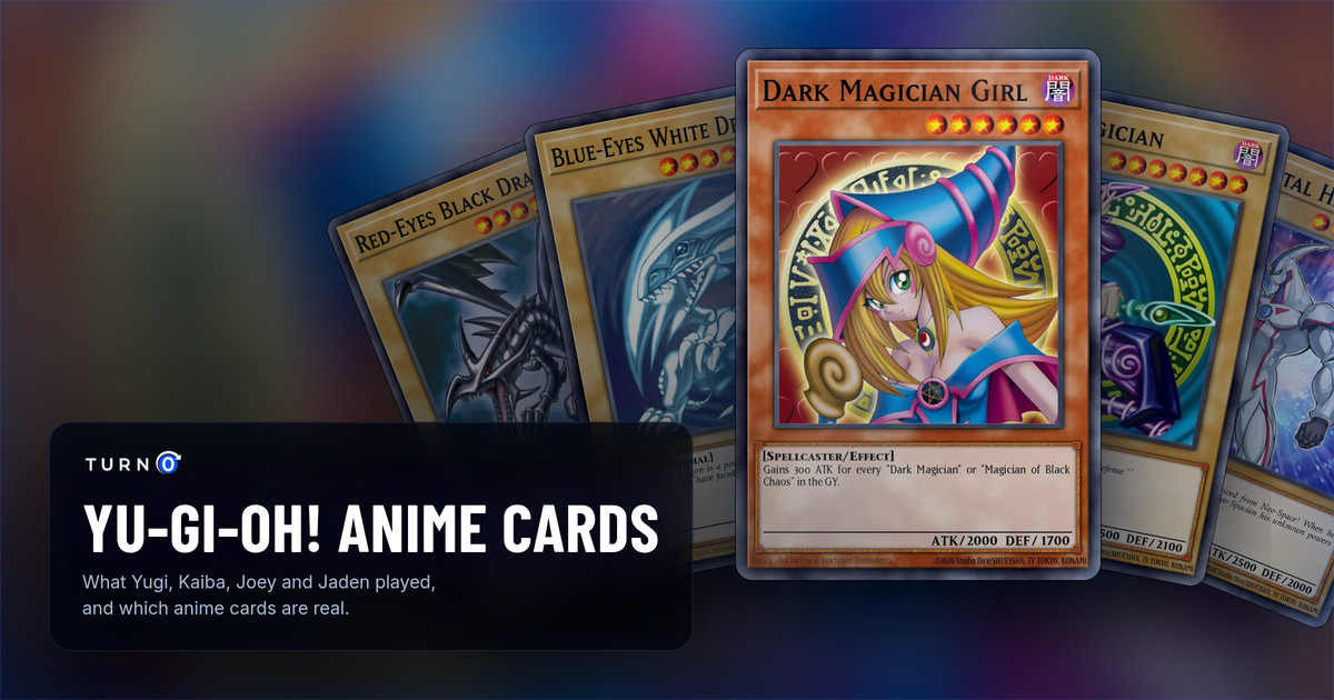 Five cards the Yu-Gi-Oh! anime characters played fanned out: Red-Eyes Black Dragon, Blue-Eyes White Dragon, Dark Magician Girl in front, Dark Magician and Elemental HERO Neos.