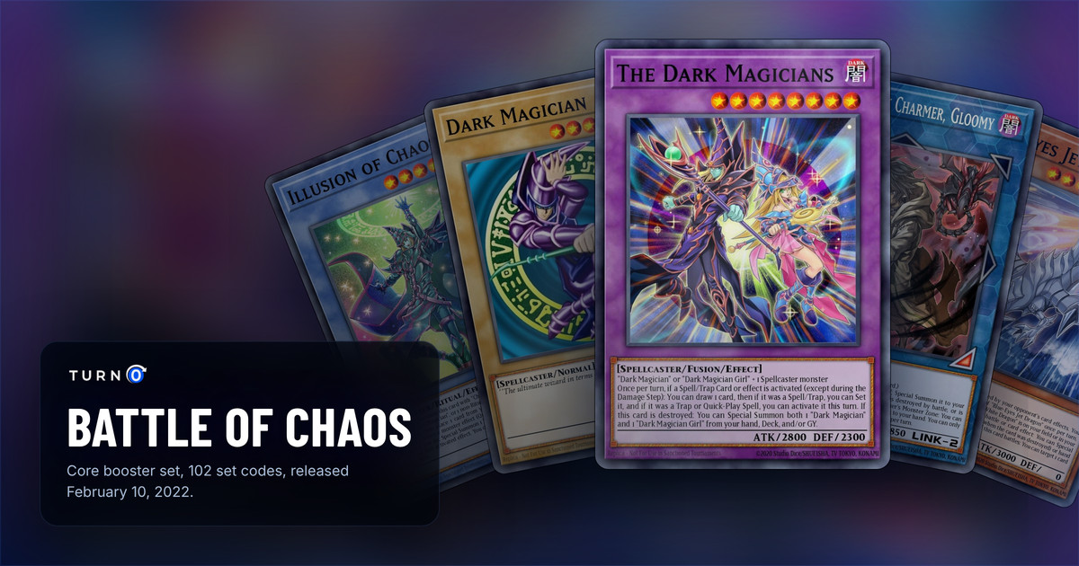 Five of the most valuable Battle of Chaos cards fanned out: Illusion of Chaos, Dark Magician, The Dark Magicians in front, Dharc the Dark Charmer, Gloomy and Blue-Eyes Jet Dragon.