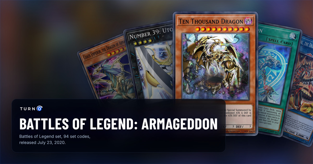 Five of the most valuable Battles of Legend: Armageddon cards fanned out: Chaos Emperor, the Dragon of Armageddon, Number 39: Utopia, Ten Thousand Dragon in front, Invocation and Darkness Metal, the Dragon of Dark Steel.