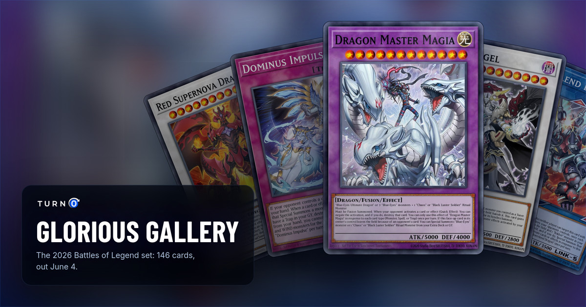 Five of the most valuable Battles of Legend: Glorious Gallery cards fanned out: Red Supernova Dragon, Dominus Impulse, Dragon Master Magia in front, Chaos Angel and Borrelend Dragon.