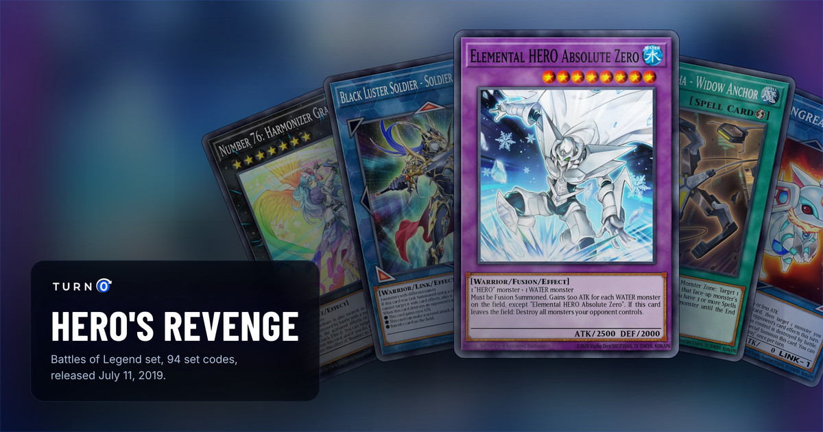 Five of the most valuable Battles of Legend: Hero's Revenge cards fanned out: Number 76: Harmonizer Gradielle, Black Luster Soldier - Soldier of Chaos, Elemental HERO Absolute Zero in front, Sky Striker Mecha - Widow Anchor and Salamangreat Almiraj.