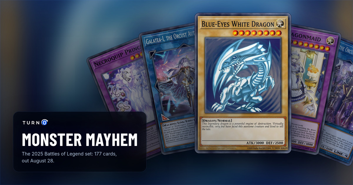 Five of the most valuable Battles of Legend: Monster Mayhem cards fanned out: Necroquip Princess, Galatea-I, the Orcust Automaton, Blue-Eyes White Dragon in front, Lady's Dragonmaid and Enlilgirsu, the Orcust Mekk-Knight.