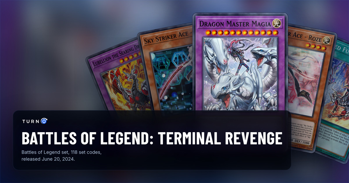 Five of the most valuable Battles of Legend: Terminal Revenge cards fanned out: Lubellion the Searing Dragon, Sky Striker Ace - Raye, Dragon Master Magia in front, Sky Striker Ace - Roze and Branded Fusion.