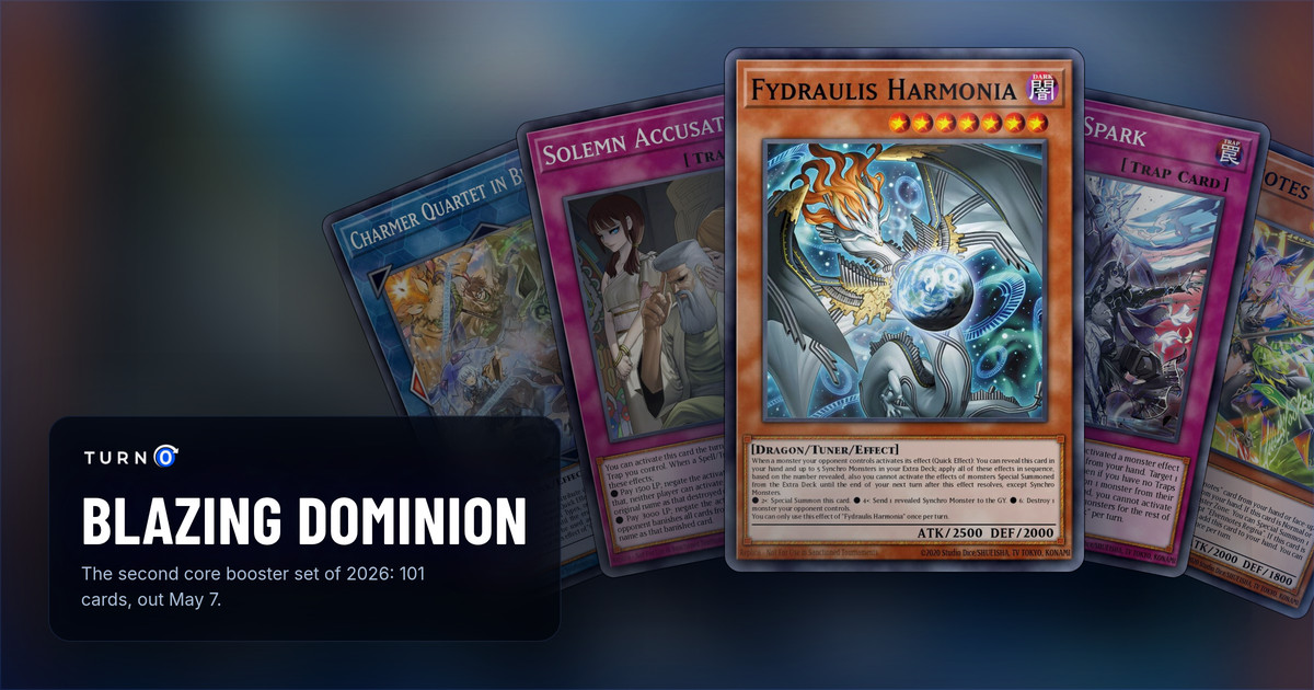 Five of the most valuable Blazing Dominion cards fanned out: Charmer Quartet in Bloom, Solemn Accusation, Fydraulis Harmonia in front, Dominus Spark and Elfnote Regina.