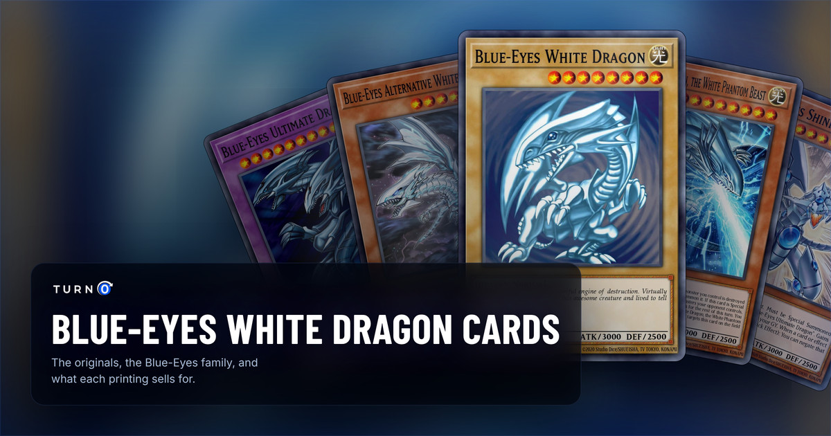 Five Blue-Eyes cards fanned out: Blue-Eyes Ultimate Dragon, Blue-Eyes Alternative White Dragon, Blue-Eyes White Dragon in front, Blue-Eyes White Dragon, the White Phantom Beast and Blue-Eyes Shining Dragon.