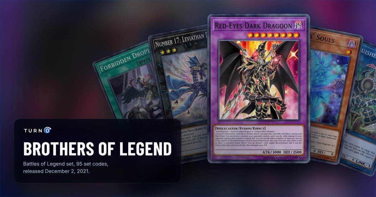 Five of the most valuable Brothers of Legend cards fanned out: Forbidden Droplet, Number 17: Leviathan Dragon, Red-Eyes Dark Dragoon in front, Magicians' Souls and Relinquished Anima.