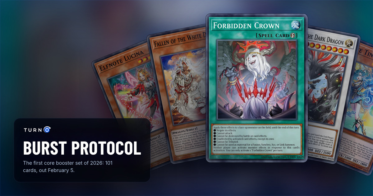 Five of the most valuable Burst Protocol cards fanned out: Elfnote Lucina, Fallen of the White Dragon, Forbidden Crown in front, Ecclesia and the Dark Dragon and Elfnote Tinia.