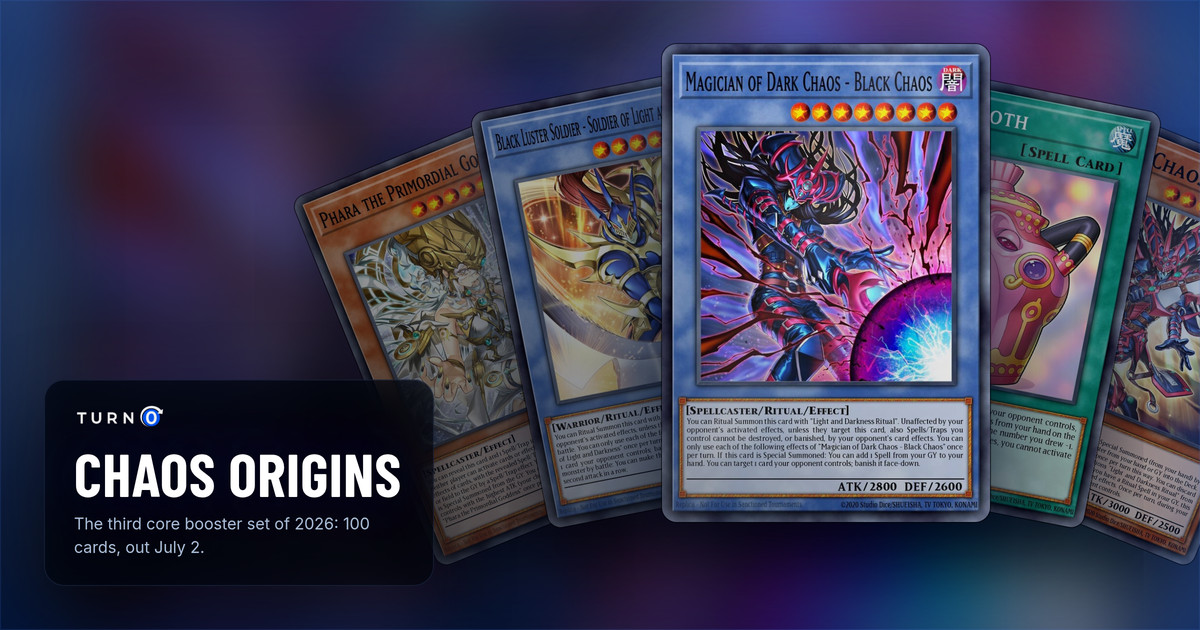 Five of the most valuable Chaos Origins cards fanned out: Phara the Primordial Goddess, Black Luster Soldier - Soldier of Light and Darkness, Magician of Dark Chaos - Black Chaos in front, Pot of Sloth and Black Chaos.