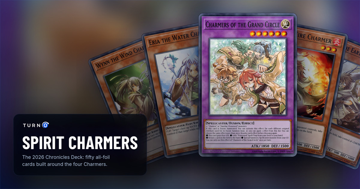 Charmers of the Grand Circle in front of the four Charmers from The Chronicles Deck: Spirit Charmers: Wynn the Wind Charmer, Eria the Water Charmer, Hiita the Fire Charmer and Aussa the Earth Charmer.
