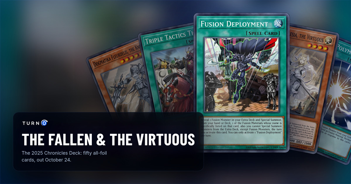 Five of the most valuable The Chronicles Deck: The Fallen & The Virtuous cards fanned out: Dogmatika Fleurdelis, the Knighted, Triple Tactics Thrust, Fusion Deployment in front, Dogmatika Ecclesia, the Virtuous and Super Polymerization.
