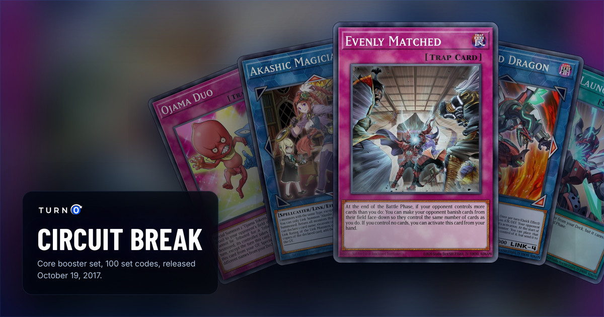 Five of the most valuable Circuit Break cards fanned out: Ojama Duo, Akashic Magician, Evenly Matched in front, Borreload Dragon and Quick Launch.
