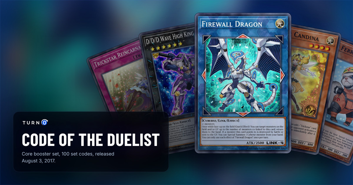 Five of the most valuable Code of the Duelist cards fanned out: Trickstar Reincarnation, D/D/D Wave High King Caesar, Firewall Dragon in front, Trickstar Candina and Rescue Ferret.