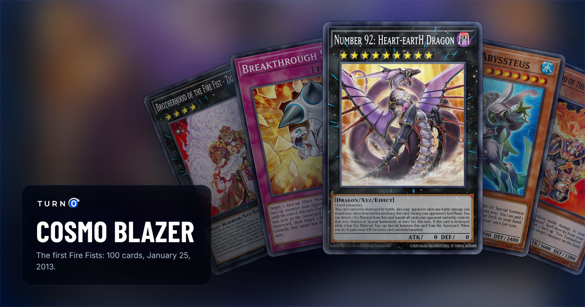 Five of the most valuable Cosmo Blazer cards fanned out: Brotherhood of the Fire Fist - Tiger King, Breakthrough Skill, Number 92: Heart-eartH Dragon in front, Mermail Abyssteus and Brotherhood of the Fire Fist - Bear.