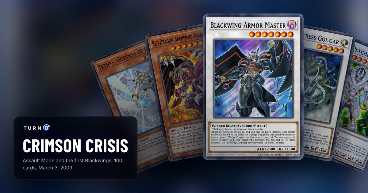 Five of the most valuable Crimson Crisis cards fanned out: Tethys, Goddess of Light, Red Dragon Archfiend/Assault Mode, Blackwing Armor Master in front, Cosmic Fortress Gol'gar and Hyper Psychic Blaster.