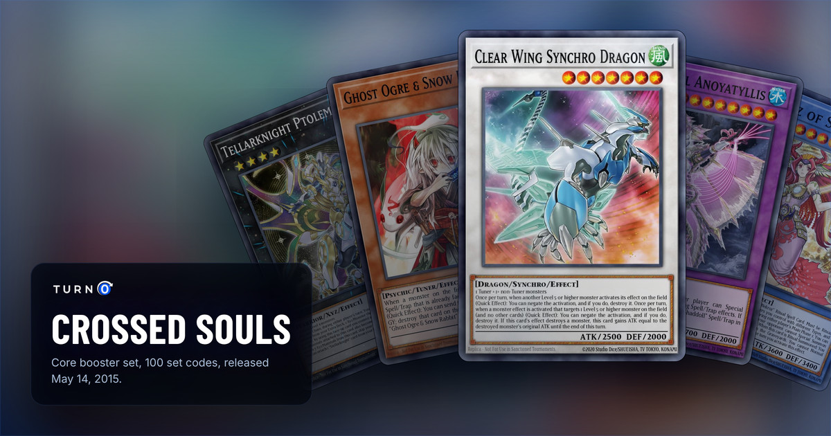 Five of the most valuable Crossed Souls cards fanned out: Tellarknight Ptolemaeus, Ghost Ogre & Snow Rabbit, Clear Wing Synchro Dragon in front, El Shaddoll Anoyatyllis and Nekroz of Sophia.