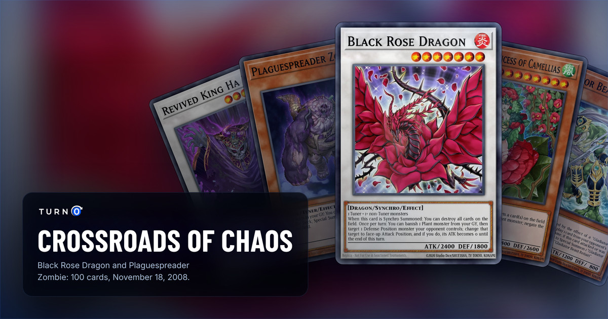 Five of the most valuable Crossroads of Chaos cards fanned out: Revived King Ha Des, Plaguespreader Zombie, Black Rose Dragon in front, Tytannial, Princess of Camellias and Gladiator Beast Retiari.