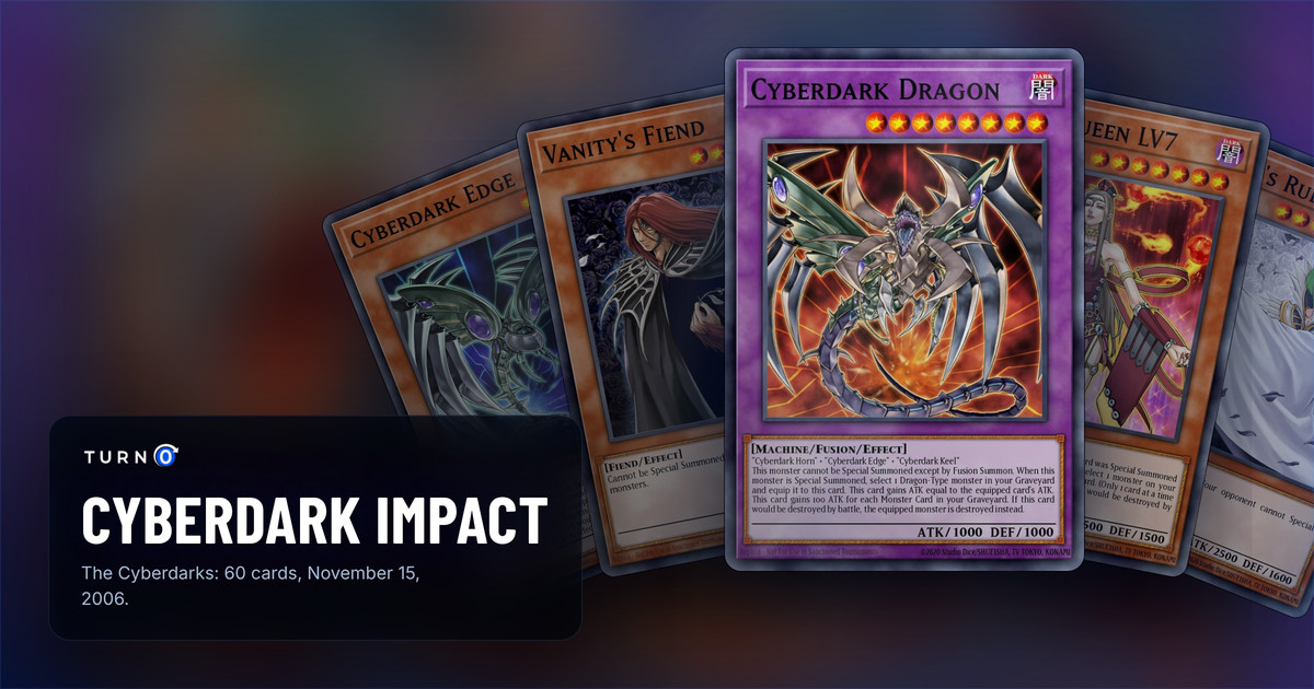 Five of the most valuable Cyberdark Impact cards fanned out: Cyberdark Edge, Vanity's Fiend, Cyberdark Dragon in front, Allure Queen LV7 and Vanity's Ruler.