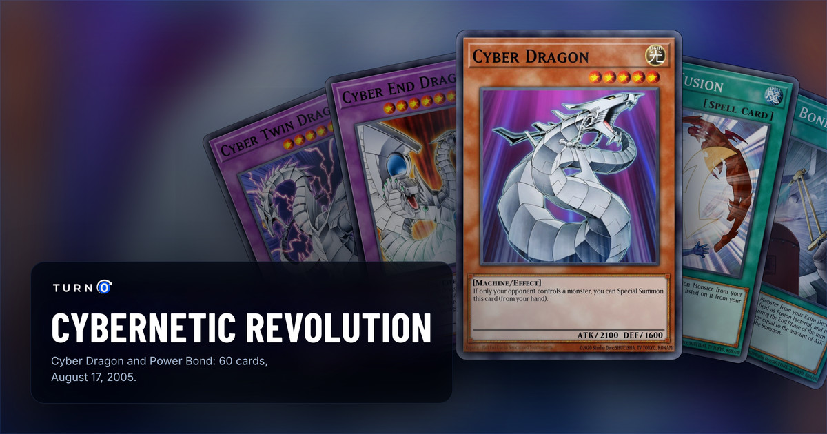 Five of the most valuable Cybernetic Revolution cards fanned out: Cyber Twin Dragon, Cyber End Dragon, Cyber Dragon in front, Miracle Fusion and Power Bond.