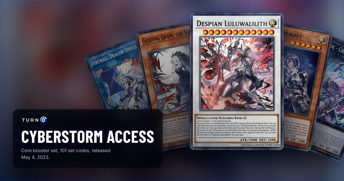 Five of the most valuable Cyberstorm Access cards fanned out: Firewall Dragon Singularity, Guiding Quem, the Virtuous, Despian Luluwalilith in front, Visas Starfrost and Gold Pride - Chariot Carrie.