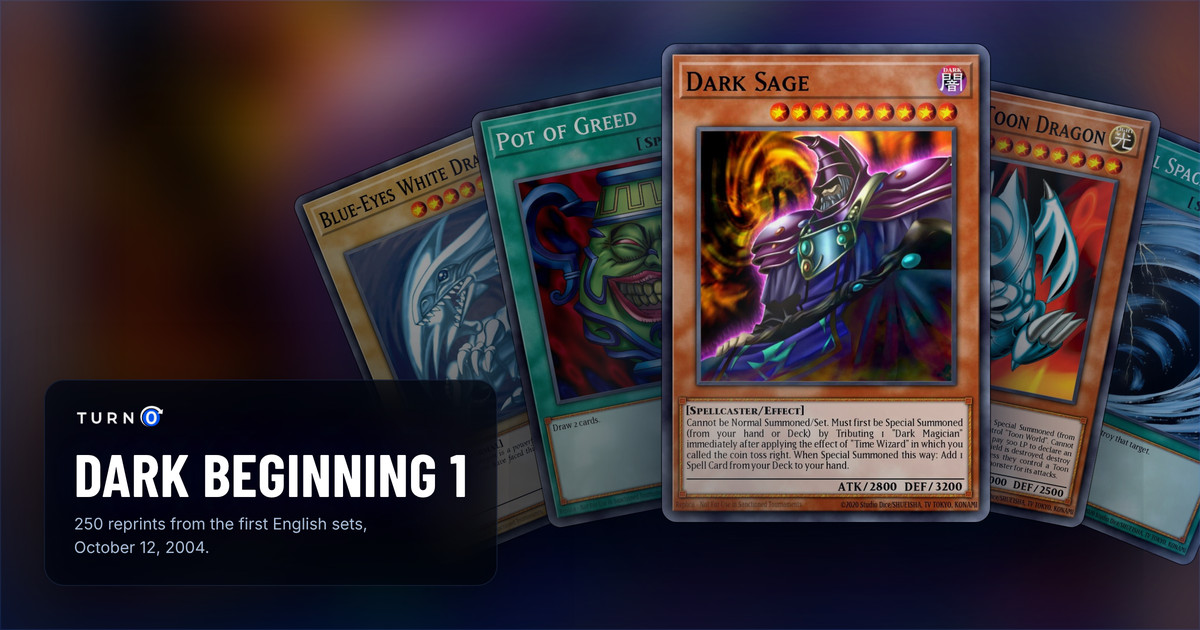 Five of the most valuable Dark Beginning 1 cards fanned out: Blue-Eyes White Dragon, Pot of Greed, Dark Sage in front, Blue-Eyes Toon Dragon and Mystical Space Typhoon.