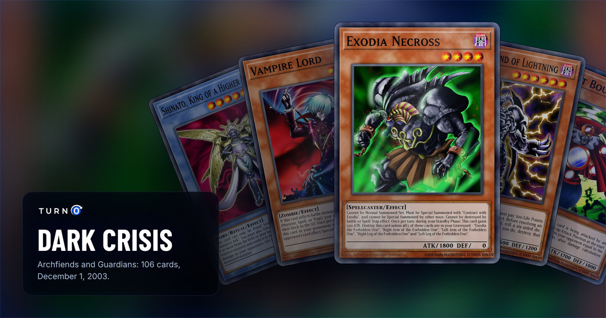 Five of the most valuable Dark Crisis cards fanned out: Shinato, King of a Higher Plane, Vampire Lord, Exodia Necross in front, Skull Archfiend of Lightning and Reflect Bounder.