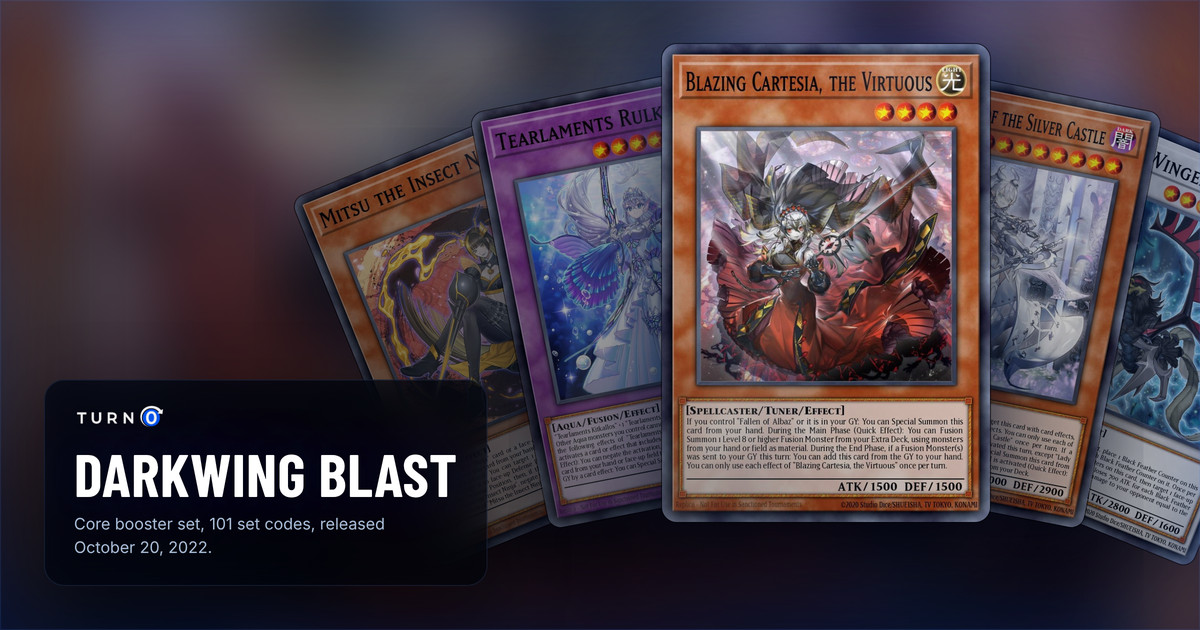 Five of the most valuable Darkwing Blast cards fanned out: Mitsu the Insect Ninja, Tearlaments Rulkallos, Blazing Cartesia, the Virtuous in front, Lady Labrynth of the Silver Castle and Black-Winged Dragon.