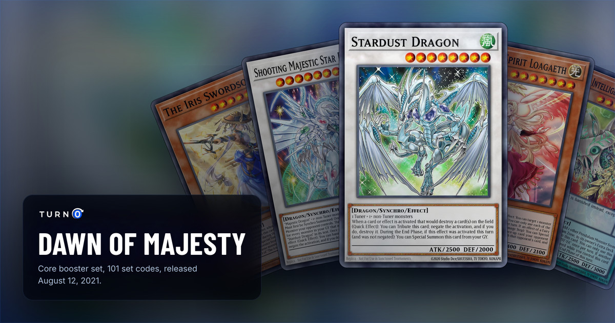 Five of the most valuable Dawn of Majesty cards fanned out: The Iris Swordsoul, Shooting Majestic Star Dragon, Stardust Dragon in front, Protecting Spirit Loagaeth and Antihuman Intelligence ME-PSY-YA.