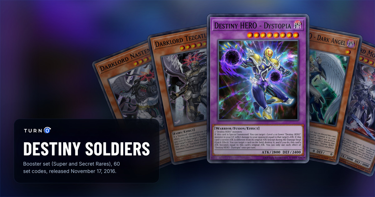 Five of the most valuable Destiny Soldiers cards fanned out: Darklord Nasten, Darklord Tezcatlipoca, Destiny HERO - Dystopia in front, Destiny HERO - Dark Angel and Darklord Morningstar.