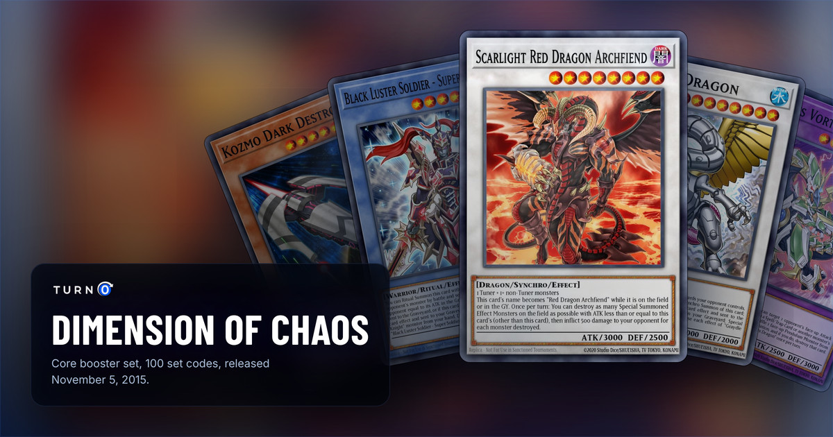 Five of the most valuable Dimension of Chaos cards fanned out: Kozmo Dark Destroyer, Black Luster Soldier - Super Soldier, Scarlight Red Dragon Archfiend in front, Graydle Dragon and Odd-Eyes Vortex Dragon.