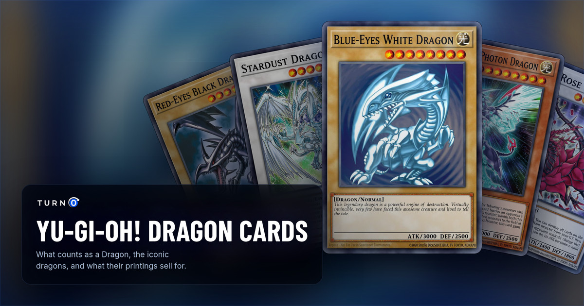 Five iconic Yu-Gi-Oh! Dragon cards fanned out: Red-Eyes Black Dragon, Stardust Dragon, Blue-Eyes White Dragon in front, Galaxy-Eyes Photon Dragon and Black Rose Dragon.