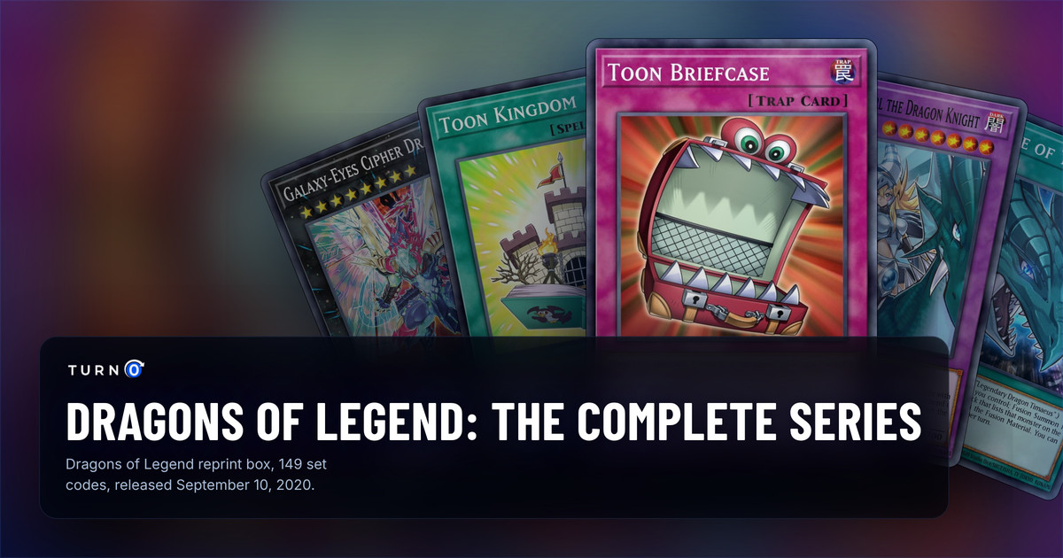 Five of the most valuable Dragons of Legend: The Complete Series cards fanned out: Galaxy-Eyes Cipher Dragon, Toon Kingdom, Toon Briefcase in front, Dark Magician Girl the Dragon Knight and The Eye of Timaeus.