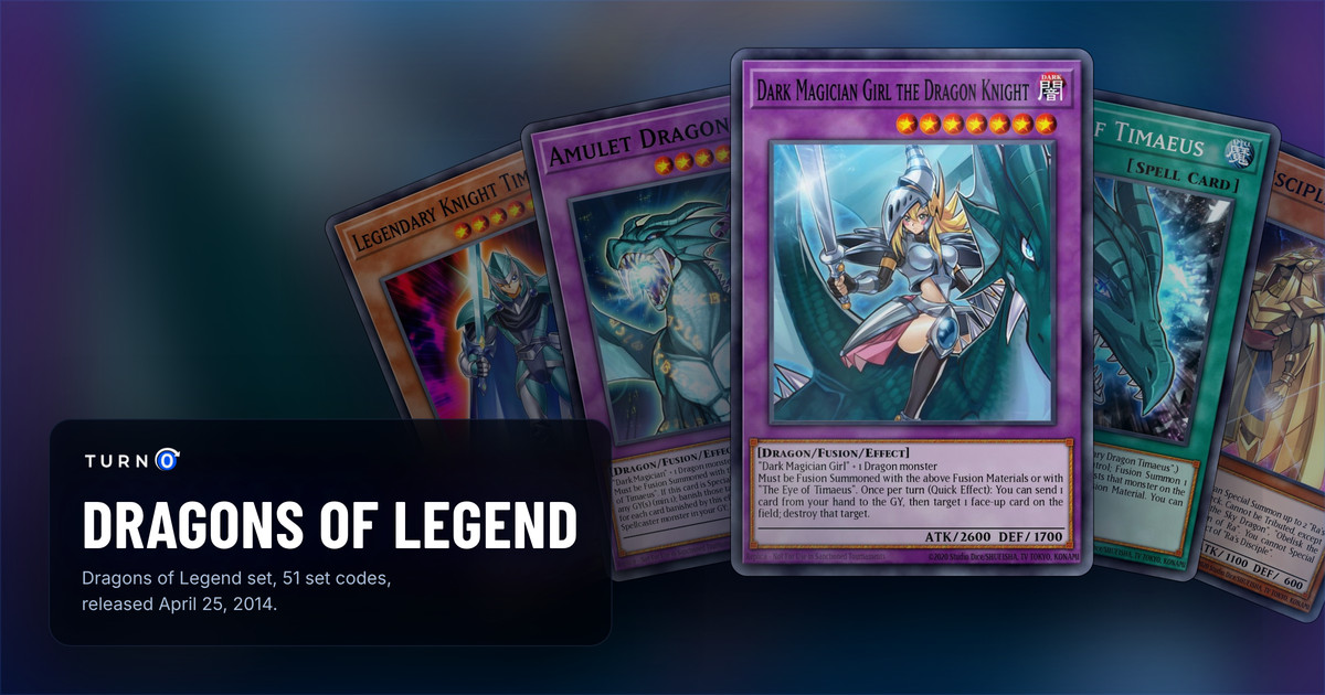 Five of the most valuable Dragons of Legend cards fanned out: Legendary Knight Timaeus, Amulet Dragon, Dark Magician Girl the Dragon Knight in front, The Eye of Timaeus and Ra's Disciple.
