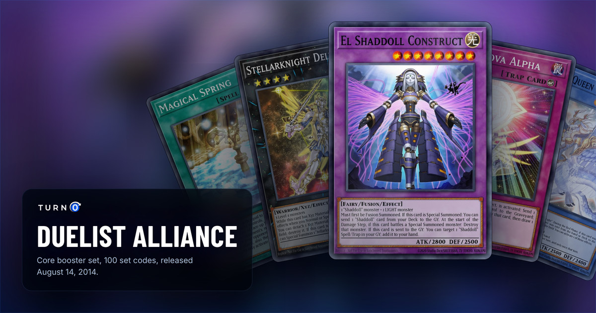 Five of the most valuable Duelist Alliance cards fanned out: Magical Spring, Stellarknight Delteros, El Shaddoll Construct in front, Stellarnova Alpha and Saffira, Queen of Dragons.