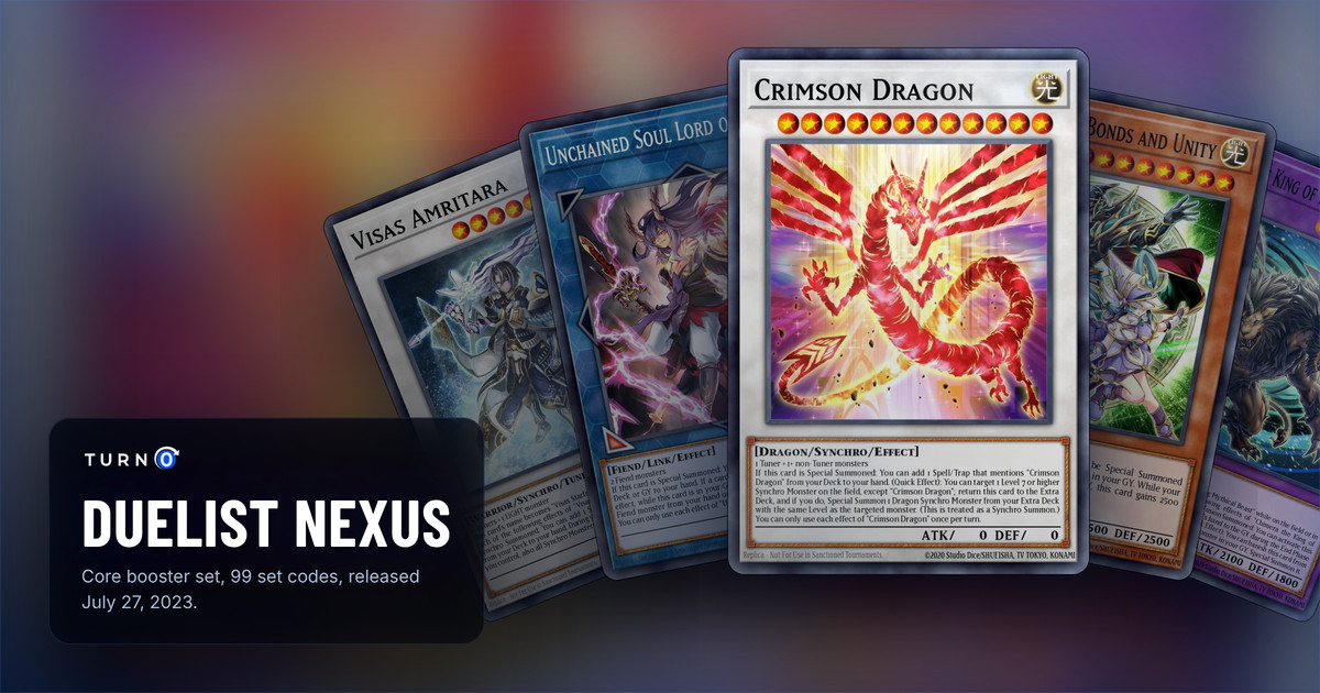 Five of the most valuable Duelist Nexus cards fanned out: Visas Amritara, Unchained Soul Lord of Yama, Crimson Dragon in front, Magicians of Bonds and Unity and Chimera the King of Phantom Beasts.