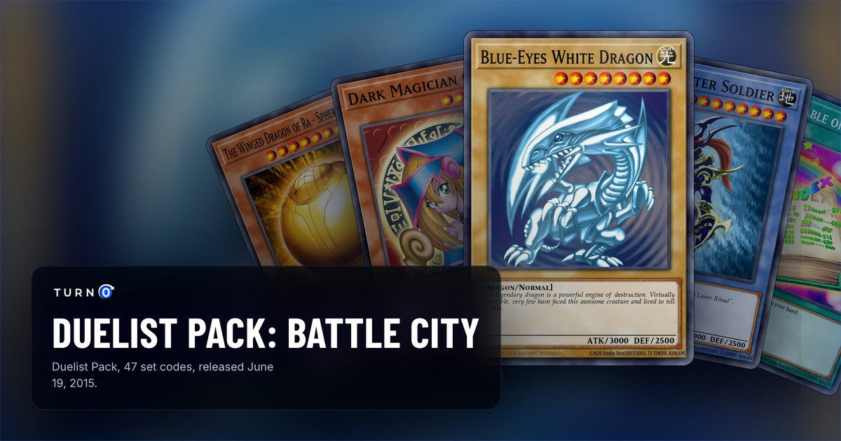 Five of the most valuable Duelist Pack: Battle City cards fanned out: The Winged Dragon of Ra - Sphere Mode, Dark Magician Girl, Blue-Eyes White Dragon in front, Black Luster Soldier and Toon Table of Contents.
