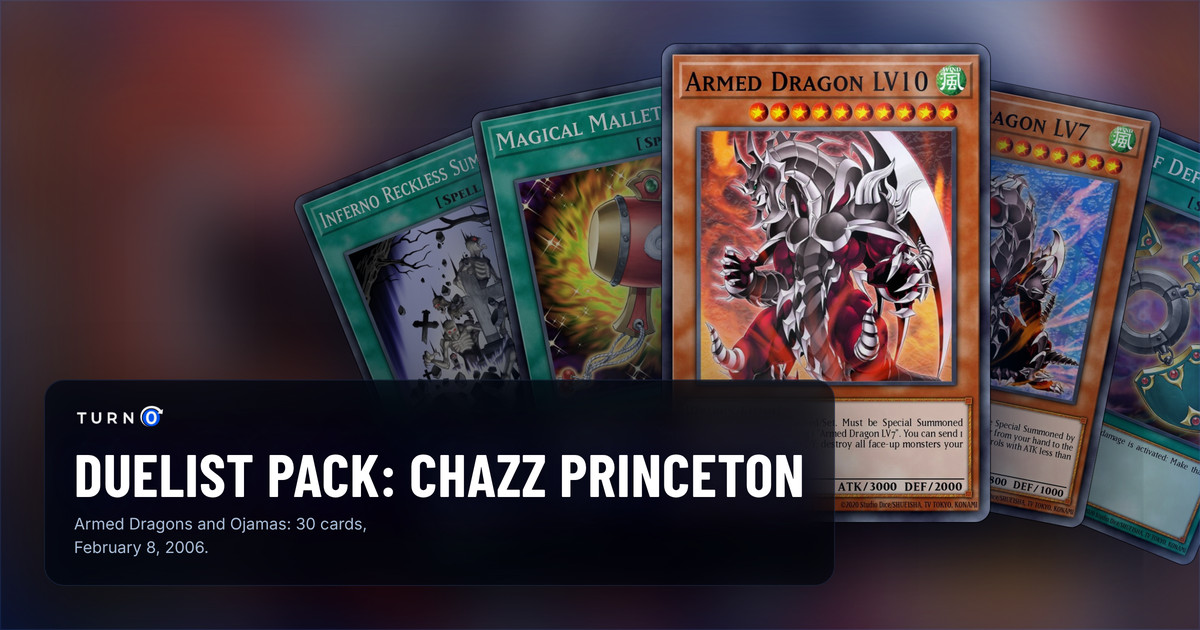 Five of the most valuable Duelist Pack: Chazz Princeton cards fanned out: Inferno Reckless Summon, Magical Mallet, Armed Dragon LV10 in front, Armed Dragon LV7 and Ring of Defense.