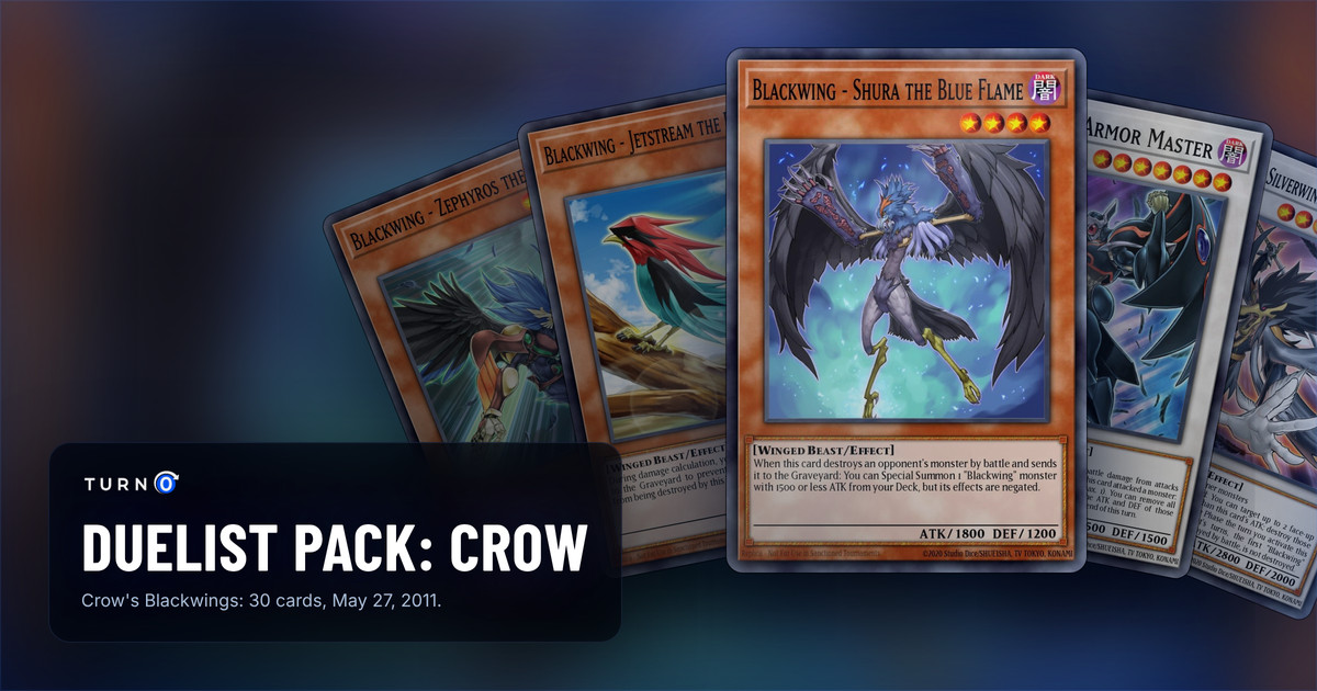 Five of the most valuable Duelist Pack: Crow cards fanned out: Blackwing - Zephyros the Elite, Blackwing - Jetstream the Blue Sky, Blackwing - Shura the Blue Flame in front, Blackwing Armor Master and Blackwing - Silverwind the Ascendant.