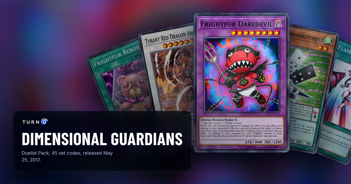 Five of the most valuable Duelist Pack: Dimensional Guardians cards fanned out: Frightfur Reborn, Tyrant Red Dragon Archfiend, Frightfur Daredevil in front, Speedroid Dominobutterfly and Spiral Flame Strike.