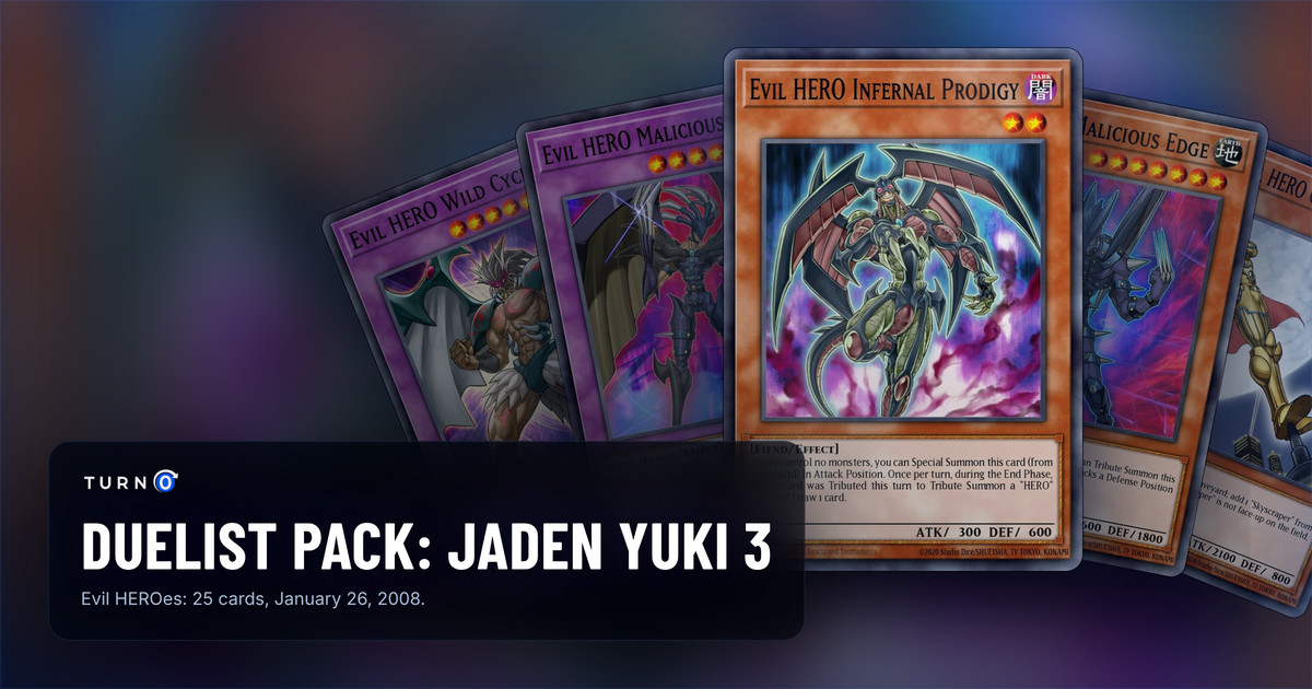 Five of the most valuable Duelist Pack: Jaden Yuki 3 cards fanned out: Evil HERO Wild Cyclone, Evil HERO Malicious Fiend, Evil HERO Infernal Prodigy in front, Evil HERO Malicious Edge and Elemental HERO Captain Gold.